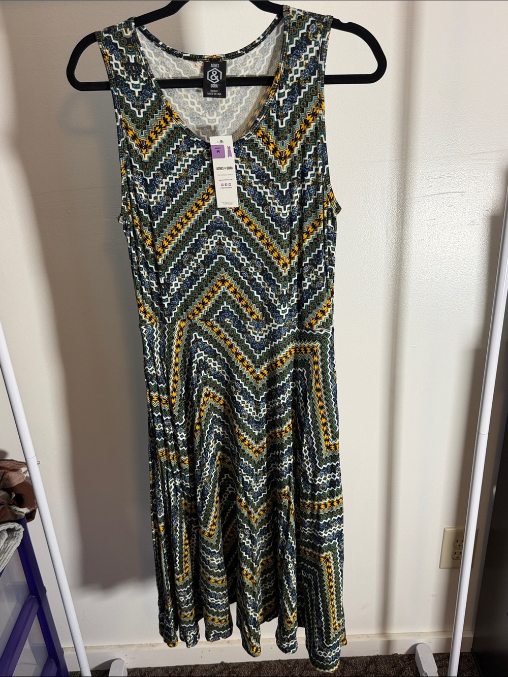 Agnes & Dora Chevron Midi Dress in Green, Mustard and White